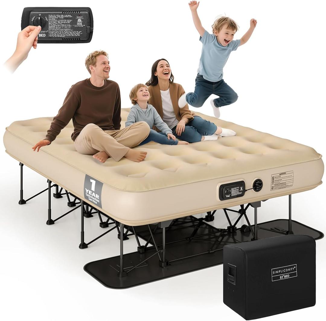 Simpli Comfy Queen EZ Bed Self-Inflating Air Mattress with Built-in Frame | with Built-in Pump and Wheeled Case, Blow Up Inflatable Rolling Air Bed on Wheels, 700lb