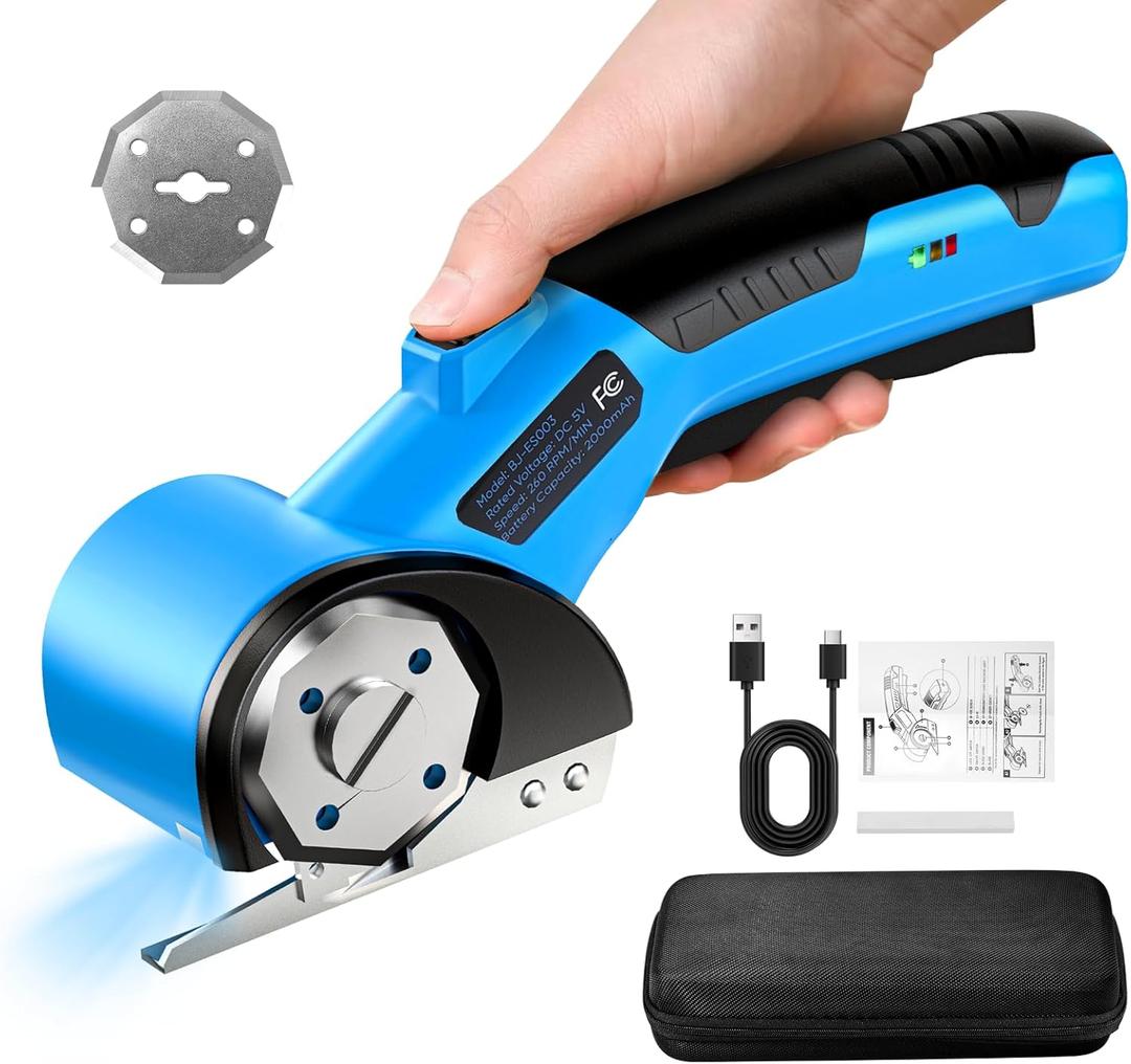 Cordless Electric Scissors, 5V Rechargeable Cardboard Box Cutter Heavy Duty Rotary Tool with Safety Lock & LED Light for Cardboard, Fabric, Box (Blue)