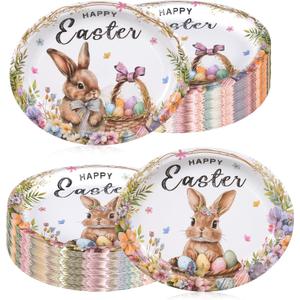 50 Pcs Easter Party Supplies Oval Paper Plates Set, Bunny Rabbit Large Disposable Party Dinner Plates Bunny Egg Flowers Tableware for Spring Easter Birthday Table Decorations Party Supplies