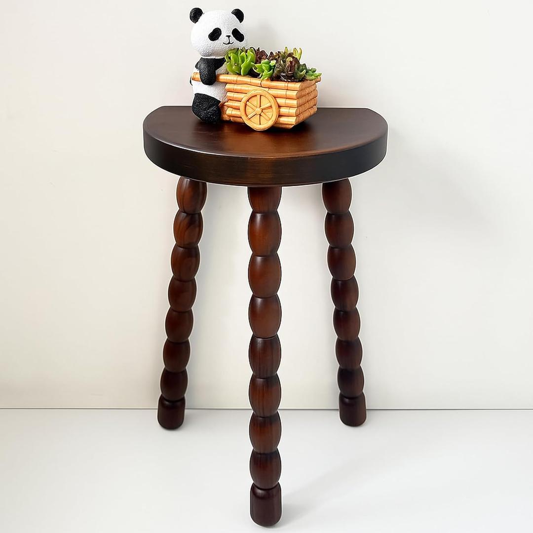 Wooden Bobbin Side Table - Plant Stand - Half Round Table - Wooden Accent Stool- Minimalist Decorative Table for Bedroom, Hallway, Living Room (1, Walnut)