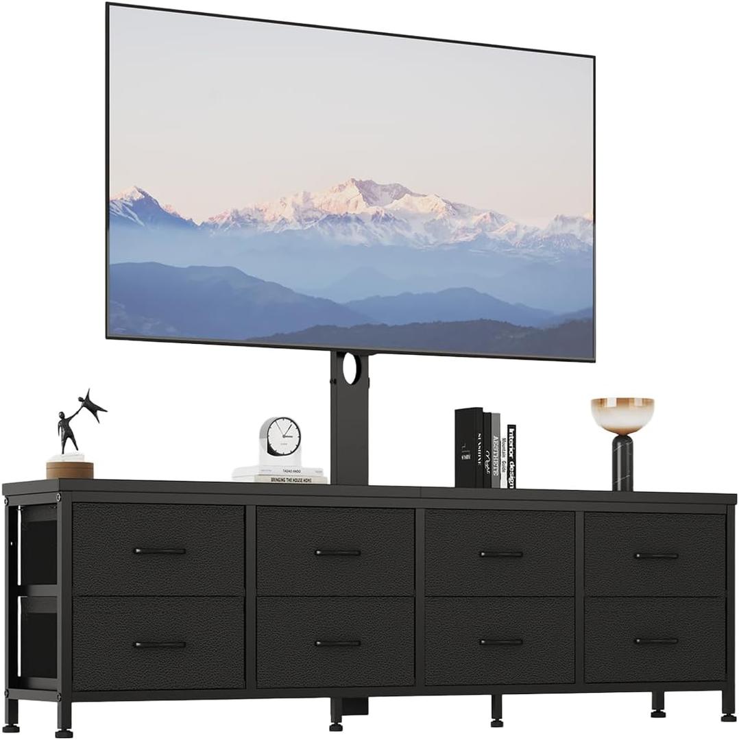 63 Inch Dresser TV Stand with Mount, Long Fabric Dressers Entertainment Center with 8 Drawers, Black Media Console Table for Living Room Bedroom