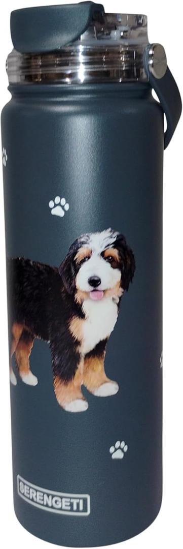 E&S Pets SERENGETI 24 Oz Water Bottle Stainless Steel with Spill Proof Lid - Double walled Vacuum Insulated water flask - Realistic 3D Print of your favorite dog (Bernedoodle)