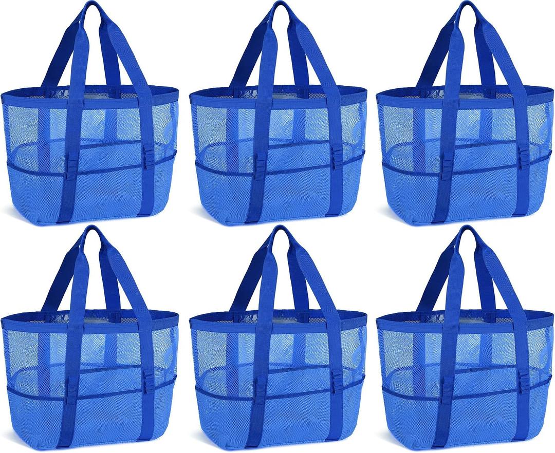Hillban Large Beach Mesh Bags Bulk for Women Beach Tote Bag with 8 Pocket Zipper Waterproof Sandproof for Pool Cruise Ship