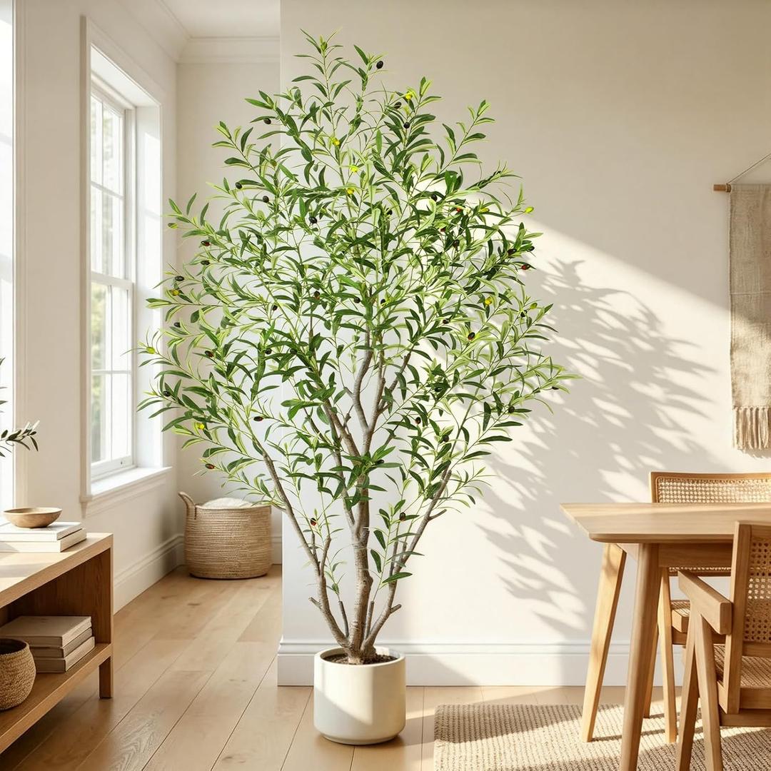 6ft Olive Trees Artificial Indoor, Tall Faux Olive Tree with Realistic Leaves and Lifelike Olives Fruits, Large Fake Silk Plant for Living Room Office Bedroom Balcony Home Decor
