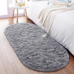 Noahas Fluffy Grey Rugs for Bedroom Living Room,2'X5' Oval Throw Rug for Kids Room,Shag Hallway Runner Rug,Small Soft Shaggy Bedside Non-Slip Plush Nursery Dorm Carpet Home Decor Aesthetic