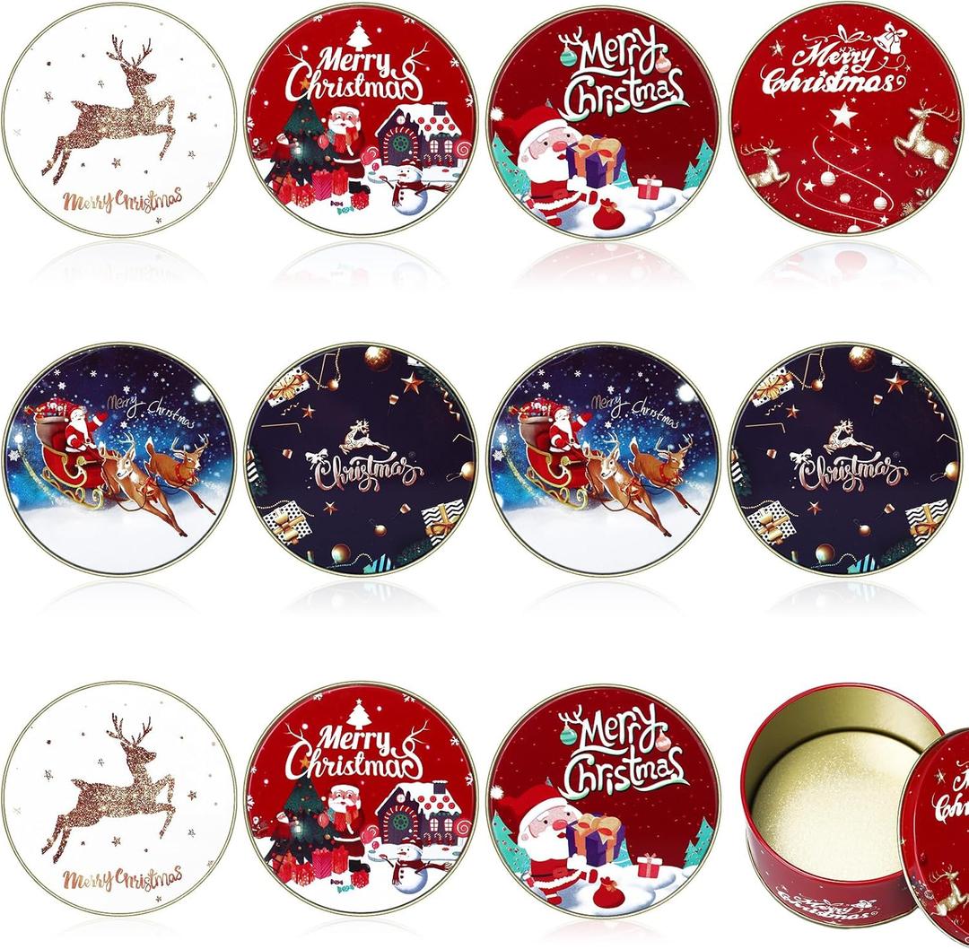 12 Pcs Christmas Tin Gift Box Christmas Cookie Tins Card Holder Boxes with Lids for Party Favors, DIY Candles, Dry Storage, Spices, Tea, Candy, Gifts(Round)