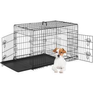 FDW Dog Crate for Small Dogs 24 Inch Folding Metal Wire Pet Cage Double Door W/Divider Panel Indoor Outdoor Kennel Leak-Proof Plastic Tray, Black