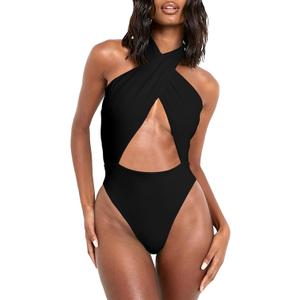 HYPERFIRE Women's Sexy Halter Criss Cross Swimsuit Cut Out One Piece Bathing Suit High Cut Swimwear (Large, Black)