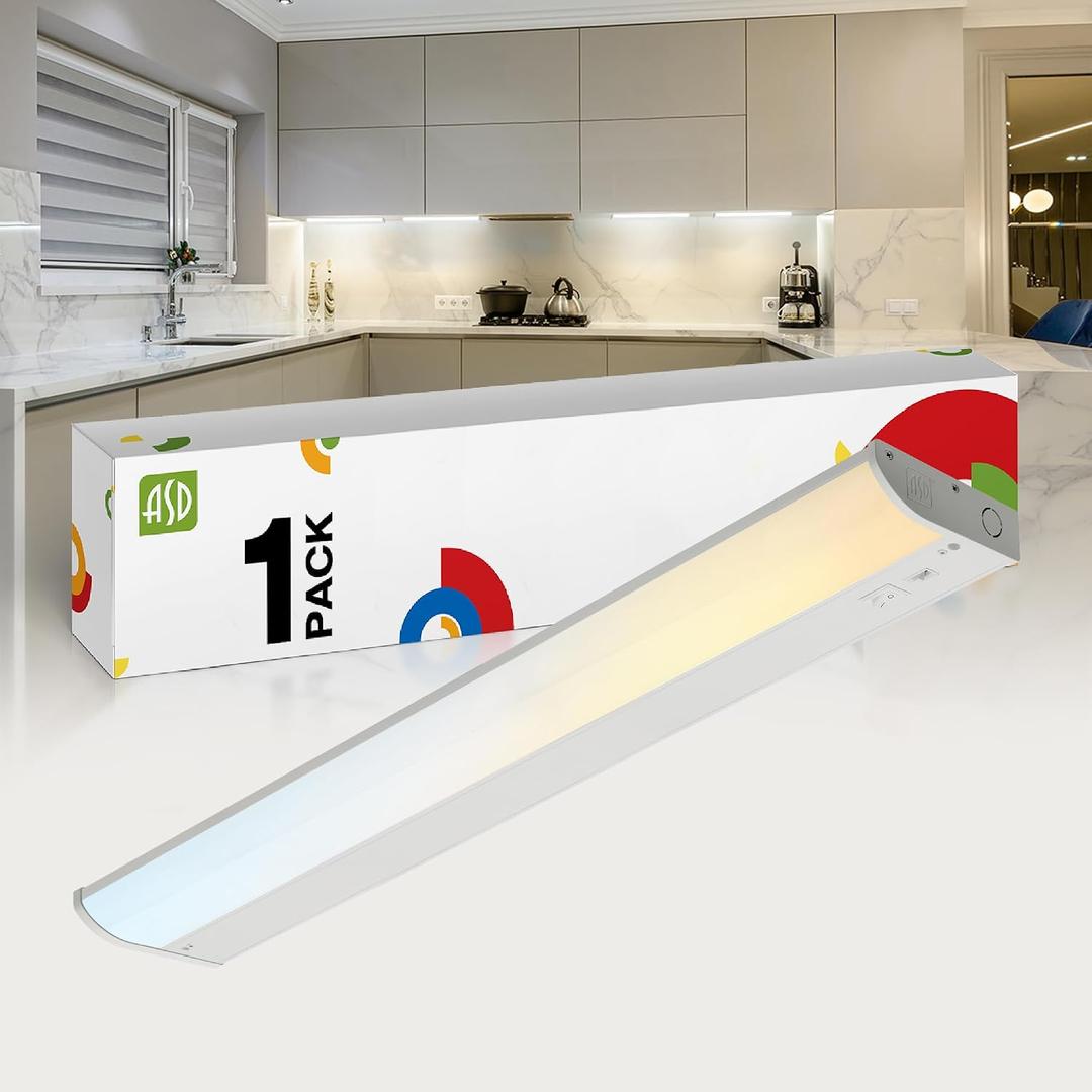 ASD White LED Under Cabinet Lighting, 24 Inch 12W, Hardwired
Dimmable, ON/OFF Switch, 3CCT 3000K-5000K, 860LM, CRI90+, Hardwired Bullnose Under Counter Light, White, ETL