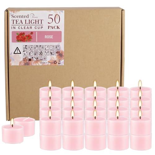 Wfmolcand Rose Scented Candle Tealight Candles in Clear Cup, 8 Hours Consistent Smkless Clean Burning, Great for Holiday, Wedding, Spa, Emergency and Home Decoration（Pink 40 Pack）