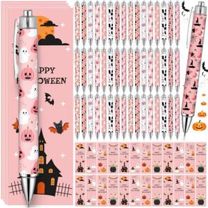 160 Pcs Pink Halloween Pens Bulk Pink Spooky Cartoon Ghost Pumpkin Ballpoint Pens with 80 Pcs Greeting Cards for Halloween Party Supplies Rewards Gifts Home Office