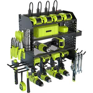 Heavy Duty Power Tool Organizer Wall Mount with Charging Station, 4 Layer Garage Storage Adjustable Shelves Height, Holds 4 Drills, 2 Hooks, Screw & Screwdriver box, Gifts for Fathers Day, Anniversary (Black)