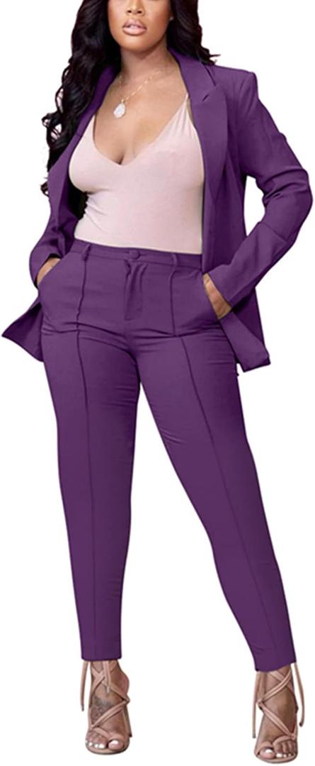 Women's 2 Piece Outfit Deep V Long Sleeve Solid Color Blazer with Pants Elegant Business Suit Sets (XX-Large, Purple)