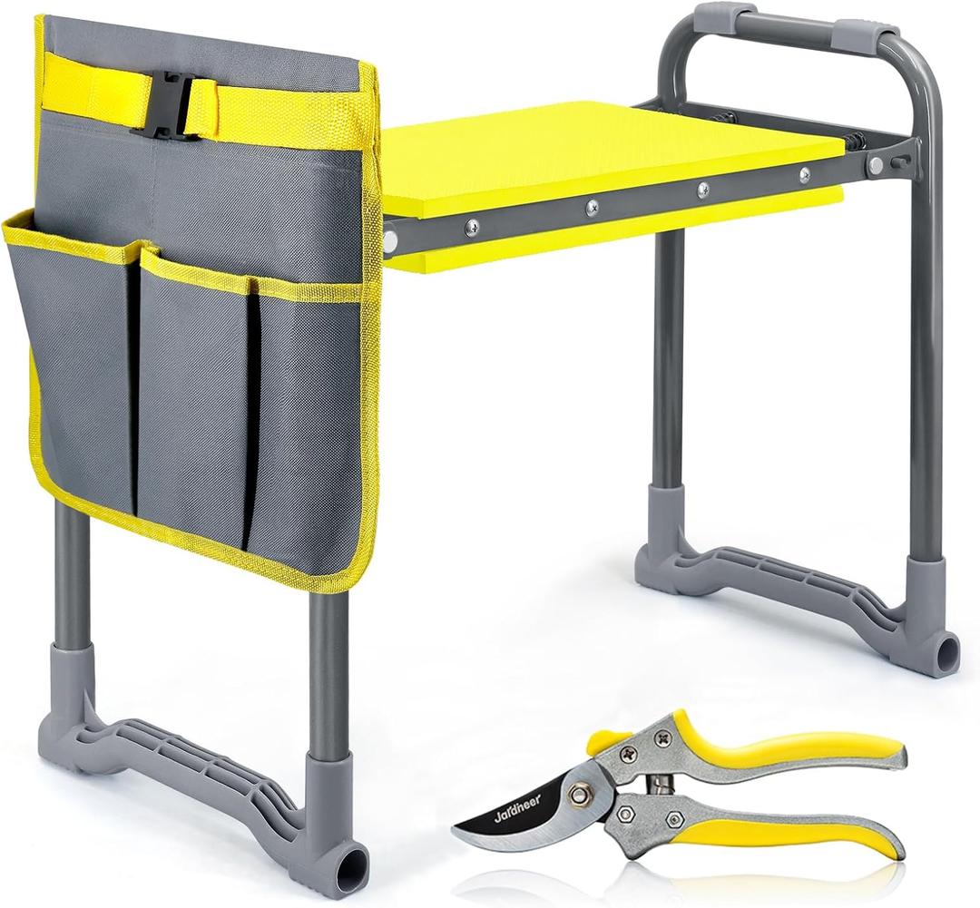 Jardineer Garden Kneeler and Seat Heavy Duty with Handles - 2-in-1 Foldable Padded Gardening Kneeler for Seniors, Ergonomic Yellow Kneeling Bench & Pad, Bypass Pruner Included (330lbs Capacity)
