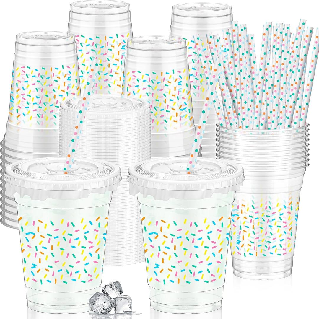 Domensi 50 Pcs Sprinkle Baby Shower Plastic Cup 12 oz Rainbow Confetti Sprinkle Thick Clear Cup Baby Shower Birthday Table Decorations Candy Color Party Supplies It's a Boy Girl