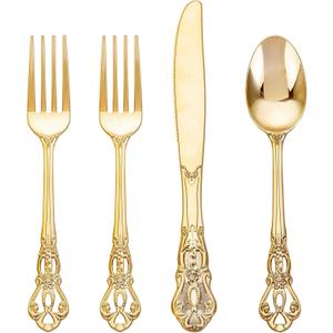 200PCS Gold Plastic Silverware - Heavy Duty Elegant Disposable Utensils - Gold Plastic Cutlery Set Includes 100Forks, 50Spoons, 50Knives for Dinner, Parties, Weddings