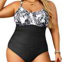 Aqua Eve Plus Size Swimsuit for Women Tummy Control One Piece Bathing Suit Vintage Swimwear (Leaf Print& Black)
