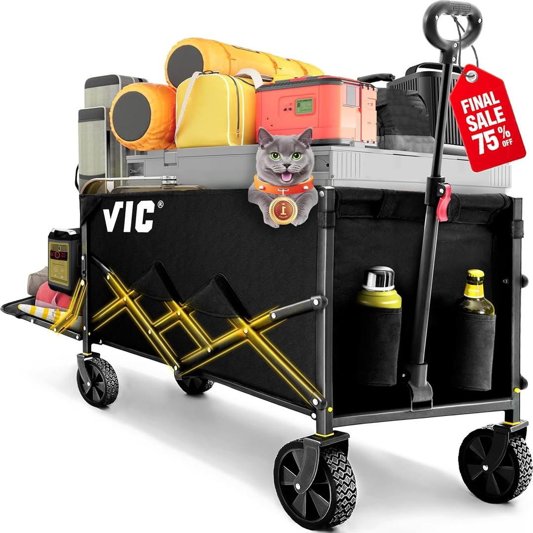 VIC Collapsible Folding Wagon Extra Long Extender Wagon Cart,Beach Wagons Cart Heavy Duty Foldable, Utility Grocery Car with Side Pocket for Camping Garden Sports, V1