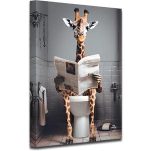 CXHOSTENT Funny Giraffe Bathroom Canvas Wall Art Giraffe Reading Newspapers on Toilet Pictures Prints Animal Poster Kids Bathroom Print Restroom Decor (Bathroom-1, 12.00"x18.00")
