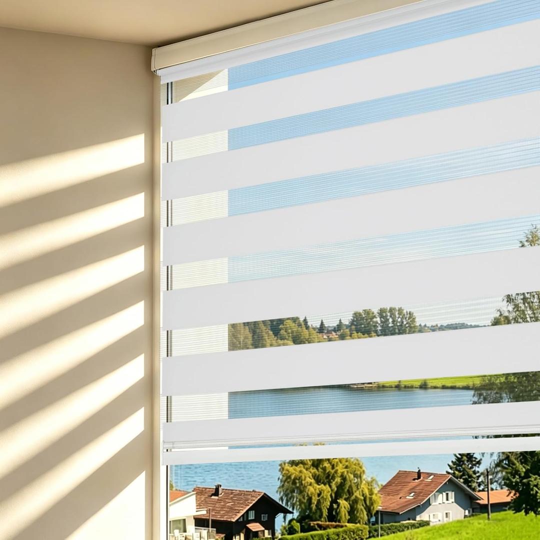 Changshade Cordless Zebra Blinds for Windows, Light Filtering Dual Layer Zebra Shades, Free-Stop Roller Blinds, Privacy Day Night Light Control for Bedroom Living Room Office, White, 23" W x 48" H