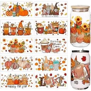 10 Sheet UV DTF Cup Wrap, Fall Theme Harvest Pumpkin Maple Leaf Rub on Transfers for Glass Crafting Glass Cups Wrap Transfer Stickers Decals Waterproof Rub on Transfers for Crafting, Set of 8