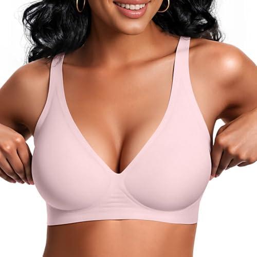 Vertvie Jelly Wireless Bras for Women Push Up Plunge Seamless T-Shirt Bras No Un, derwire Supportive Full Coverage Bralettes, Size M, Rose