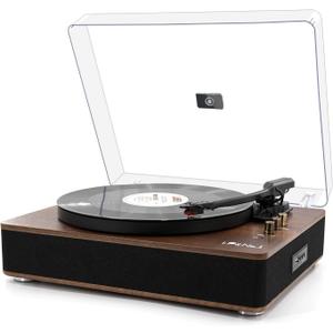LP&No.1 Record Player with Stereo Speakers, 3-Speed Belt-Drive Turntable for Vinyl Records with Wireless Playback and Auto-Stop, Walnut Wood