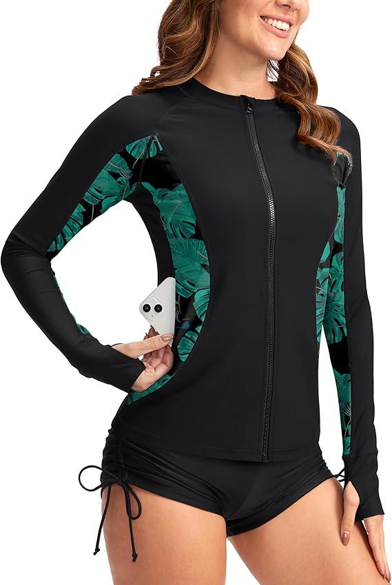 SANTINY Women's Rash Guard Zipper Pockets UPF50+ Sun Protection Long Sleeve Swimsuit Top Zip Front Swim Shirt for Women, XL
