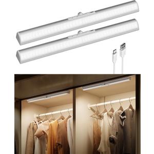 EZVALO 17-Inch Motion Sensor Closet Lights, 3600mAh Rechargeable Battery LED Cabinet Lights, 150 Lumens No-Glare Curved, 3 Color Temps & Dimmable Pantry Lights for Wardrobe, Shelves - 2 Pack