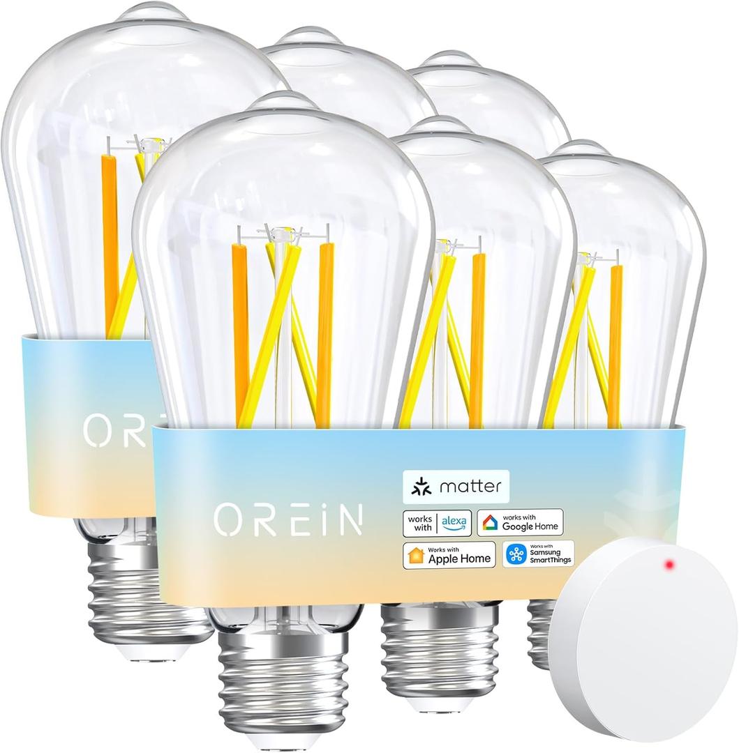 OREiN Matter Smart Light Bulb, ST19(58) Smart Edison Bulbs with Remote Control Work with Apple Home, Alexa, Google Home, SmartThings, 800lm 2700K-6500K Smart Filament Bulb E26 Base 6Pack