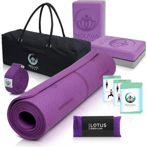 NOLAVA Yoga Mats & Complete Sets - TPE, Non-Slip, Eco-Friendly - Includes Mat, Blocks, Strap, & More (6pc set) - For Pilates, Yoga & Fitness, PURPLE SET