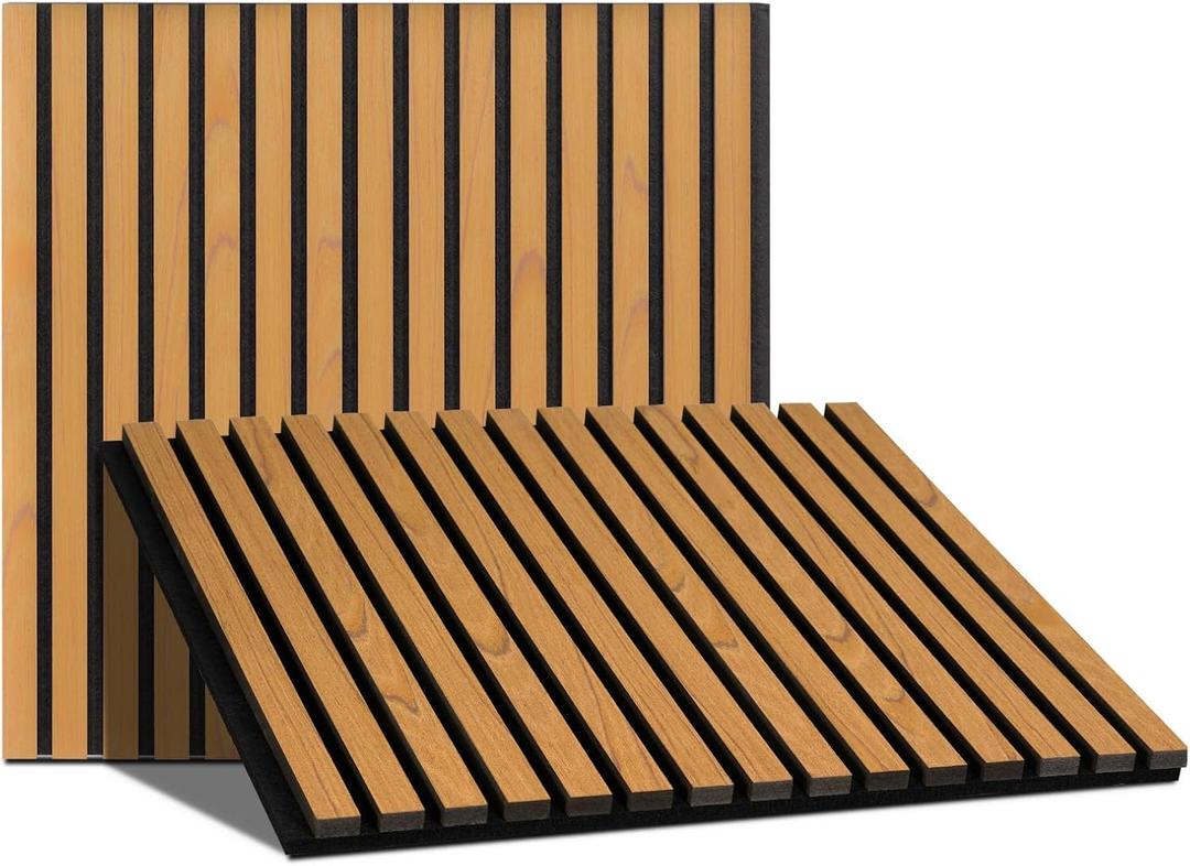Wood Slat Panels for Wall & Ceiling, 2 Pack Sound Absorbing, 23.62"x23.62" Large Wall Panels for Interior Decor, 3D Fluted Acoustic Paneling for Homes, Offices, Studios (Oak)