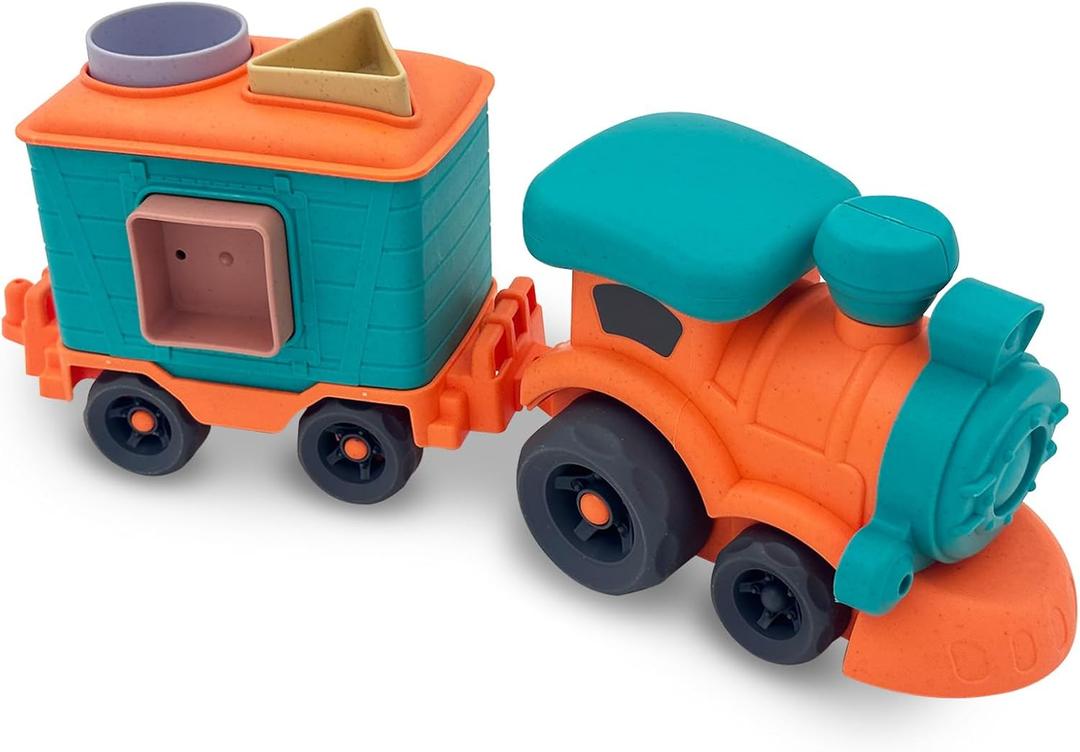 Toy Bioplastic Train Set with Wagon, for Kids Toddler Boys and Girls, BPA Free, Phthalates Free, PVC, Recycled Plastic Birthday Gifts for 2 3 4 Year Boy Girl Orange and Teal