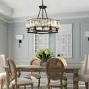 Vintage Crystal Chandelier Black 6 Lights Hanging Ceiling Light Fixture Iron Frame Pendant Lighting for Farmhouse Decoration Dining Table Living Room, 25.6 inch