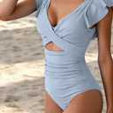B2prity One Piece Swimsuits for Women Ruffle Sleeve V Neck Bathing Suit Tummy Control Cutout Monokini Slimming Swimwear (Blue, XXL)