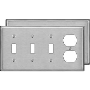 [2 Pack] BESTTEN 4-Gang Combo Metal Wall Plate with Protective Film, 1-Duplex/3-Toggle, Standard Size, Corrosion-Resistant Stainless Steel Outlet and Switch Cover, Brushed Finish, Silver