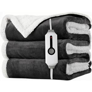 LaffyLo Heated Throw Blanket 50 x 60, Fast Heating Electric Blanket, Dual-Sided Flannel Sherpa, 4 Heat Settings, 3 Hour Auto Off, Machine Washable, Dark Grey