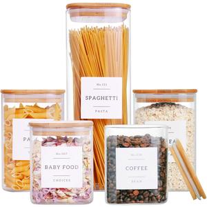 5 Pack Square Glass Pantry Storage Containers with 132 Kitchen Food Pantry Labels - Clear Glass Jars with Airtight Wood Bamboo Lids - Glass Canisters for Cookies, Nuts, Cereal