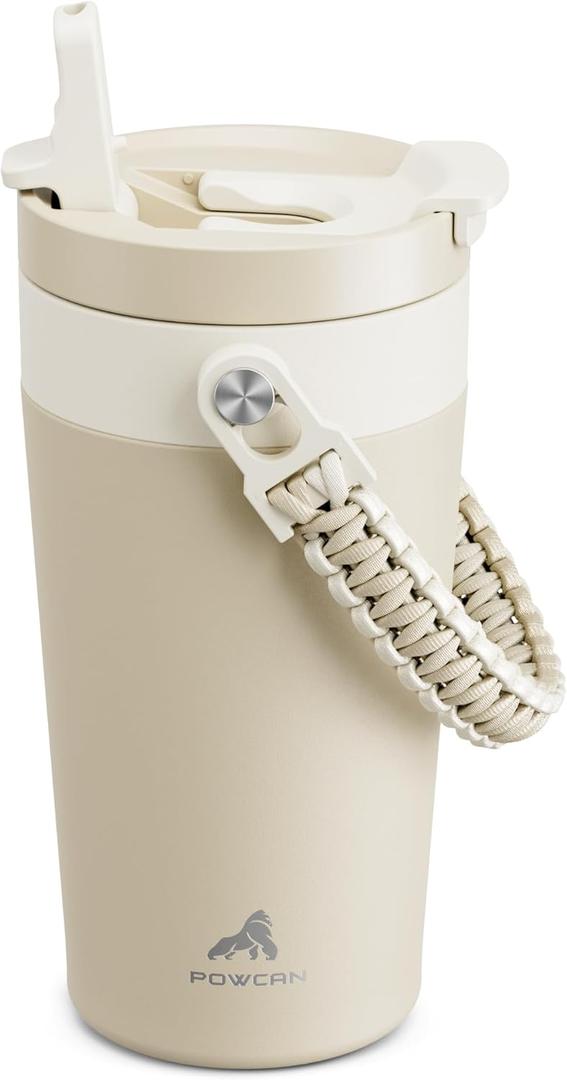 16 oz Insulated Coffee Mug for Office: 2-in-1 Straw Flip Lid, Keep Cold 24H, Fit in Car Cupholder, Leakproof, Stainless Steel Coffee Tumbler with Handle for Travel, Sports, Gifts and Home (Oat)