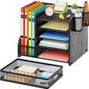 Marbrasse Desk Organizer with File Holder, 5-Tier Paper Letter Tray Organizer with Drawer and 2 Pen Holder, Mesh Desktop Organizer and Storage with Magazine Holder for Office Supplies (Wood-Black)