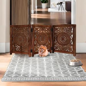 Lightnpro Wooden Pet Gate - Decorative Carved Foldable Dog Gate, Extra-Wide Freestanding Indoor Safety Fence for Small Dogs, Perfect for Stairs, Hallways & Home Dcor - 24x54 Inch Natural Burnt