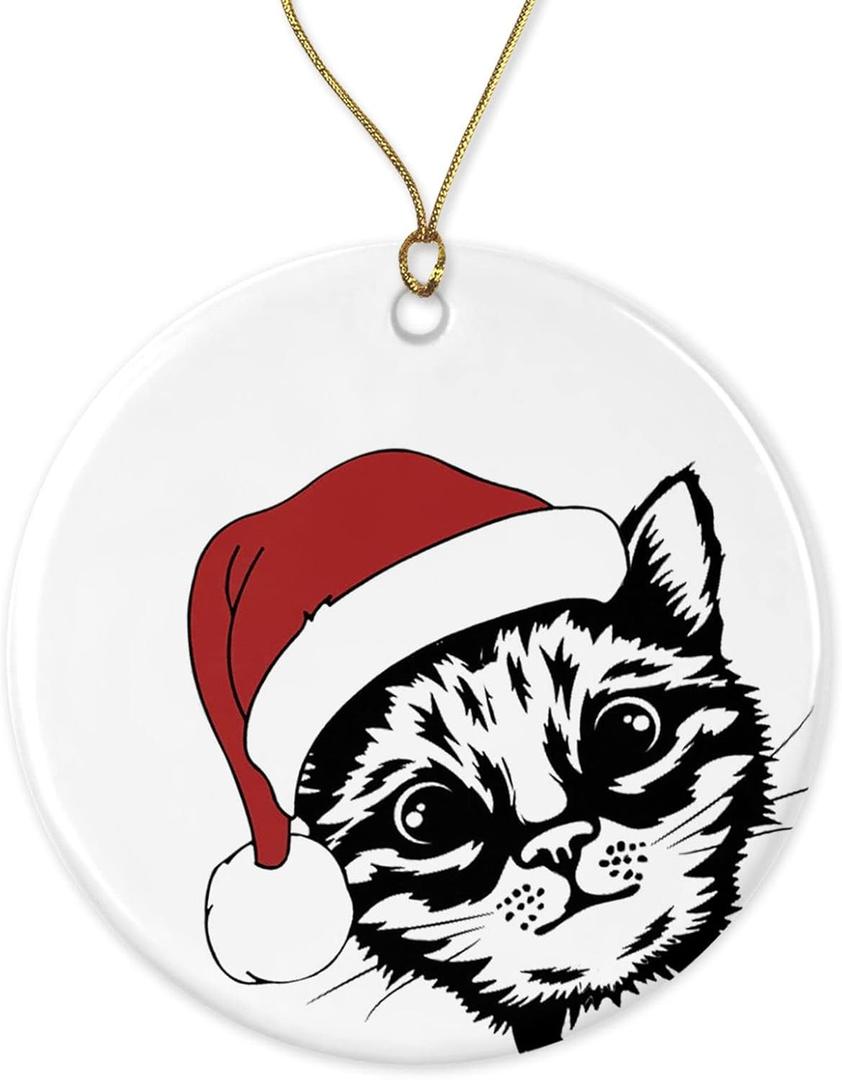 HTDesigns Santa Cat Holiday Ornament - Christmas Cat Ornament - Cat Lover Christmas Ornament Printed on Both Sides