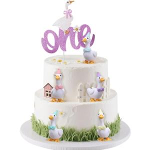 6pcs One Silly Goose Cake Topper Pastel 1st Birthday Cake Decorations Coquette Girl Goose With Pink Party Hat and Bow for Birthday Party Supplies