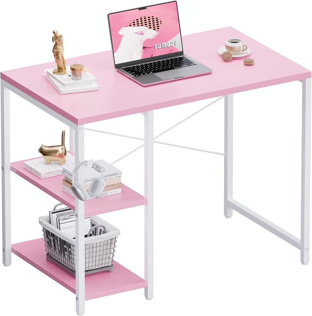 Pamray 32 Inch Small Computer Desk with Shelves, Home Office Desk with Headphone Hook for Bedroom, Study Writing PC Table for Small Spaces, Pink