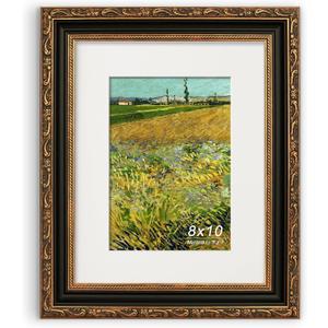Antique 8x10 Picture Frame, Ornate Embossing Frame with Paper Mat and Real Glass, Fit for 8x10 without Mat or 5x7 with Mat, Tabletop or Wall Mounting Display, Black and Antique Gold, 1 Pack
