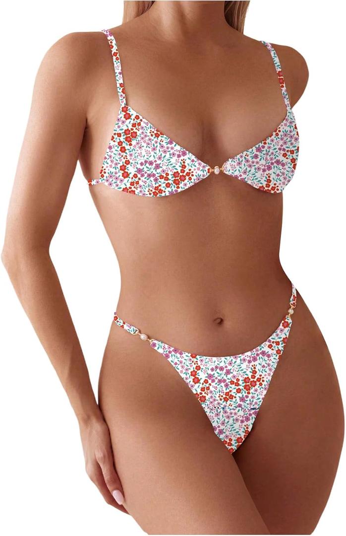SOLY HUX Bathing Suit for Women Floral Print Tie Back Bikini Sets Two Piece Swimsuit (Small)