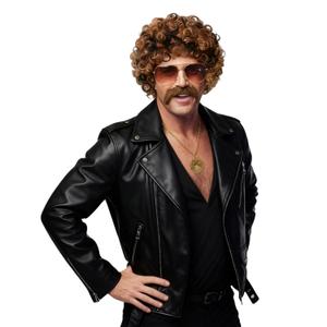 5pcs Disco Costume Set with 70s 80s Disco Wigs, Glasses, Moustache, Chain Necklace & Wig Cap, Short Curly Hair Afro Mens Wig for Retro Dance Parties, Halloween(Blonde Mixed Brown)