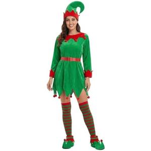 Syhood 5 Pcs Women Christmas Elf Costume Set Santa's Helper Costume Elf Outfit Velvet Dress Hat Shoes Belt Striped Stocking(S, Vivid, Green)