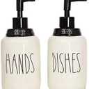 Modern Farmhouse Ceramic Dishes and Hands Soap Dispenser Set for Kitchen | Stainless Steel Pumps | 14oz, White Bottles | Kitchen Dcor for Counter