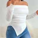 SweatyRocks Women's Long Sleeve Off The Shoulder Asymmetrical Ruched Slim Fit T Shirt Top (White, M)